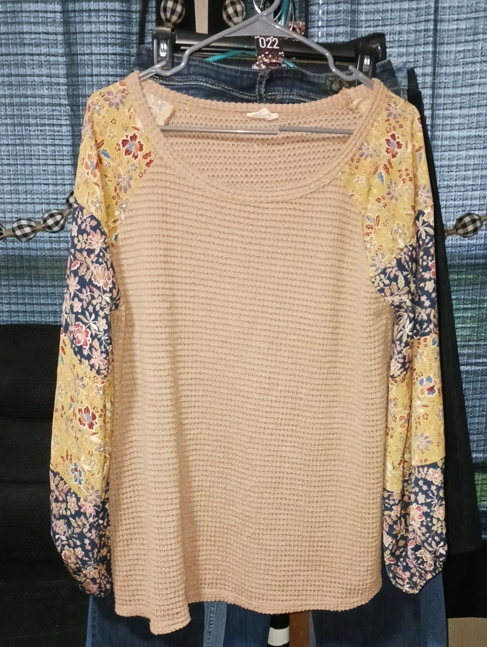 BiBi Beige Knit Top with Yellow & Navy Floral Sleeves